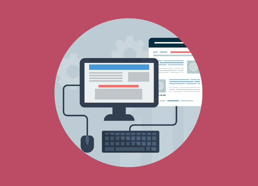 Bild von einem Monitor auf dem gerade ein Mockup einer Webseite zu sehen ist. Darunter Maus und Tastatur. 